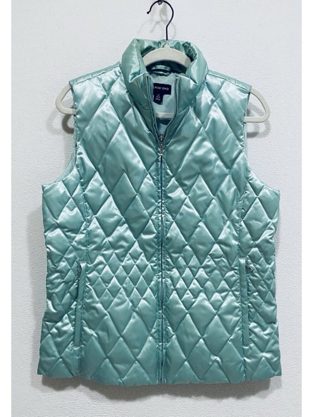 Lands End Puffer Vest Womens Medium Satin Mint Green Quilted Down Outdoor Ski